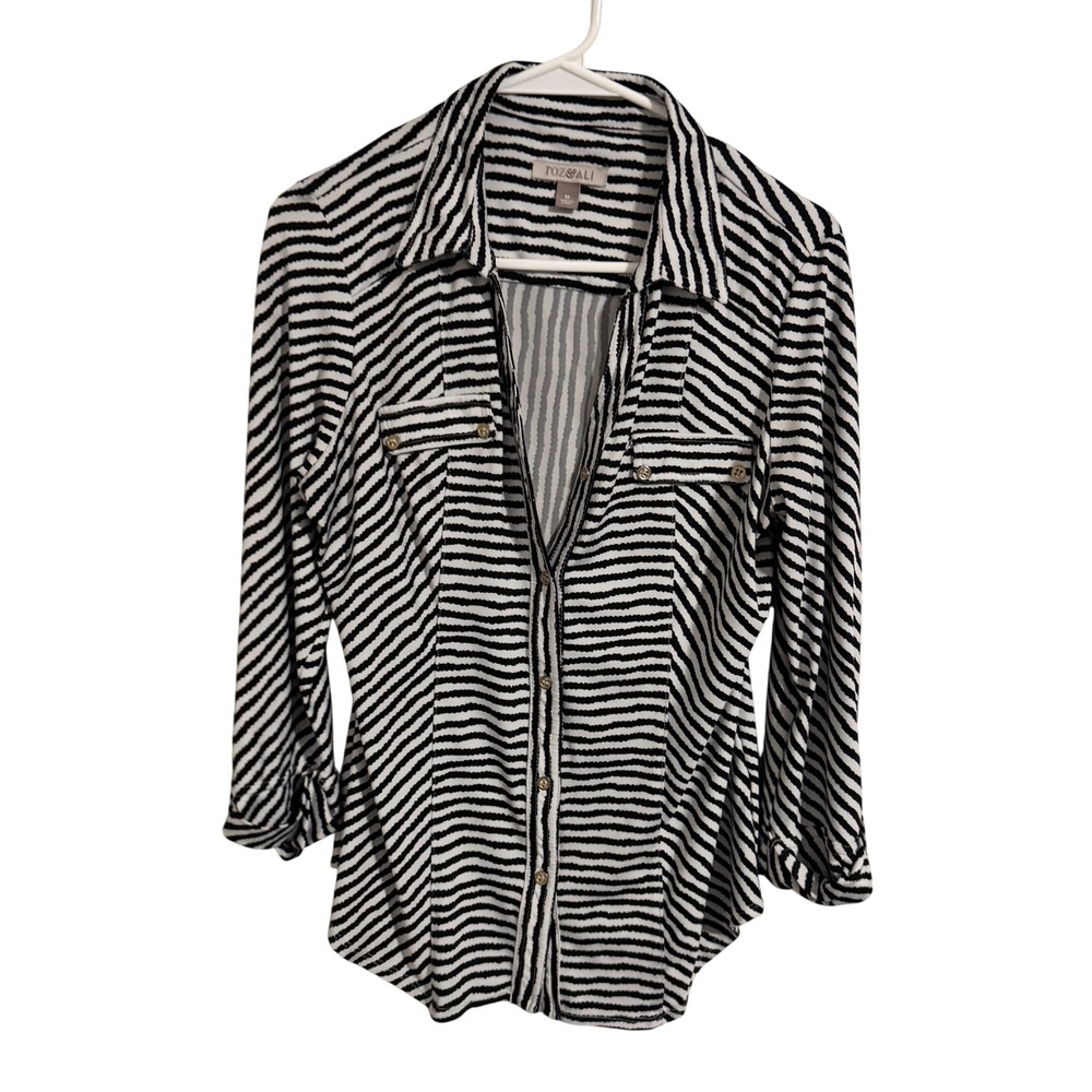 Roz & Ali Womens Black White Striped Button‎ Down 3/4 Sleeve Blouse Size M